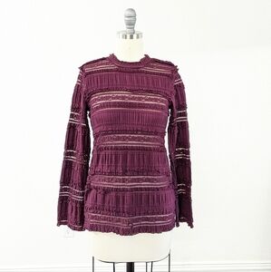 By Timo Lace Long Sleeve Knit Sheer Top Maroon XS bohemian spring cottagecore